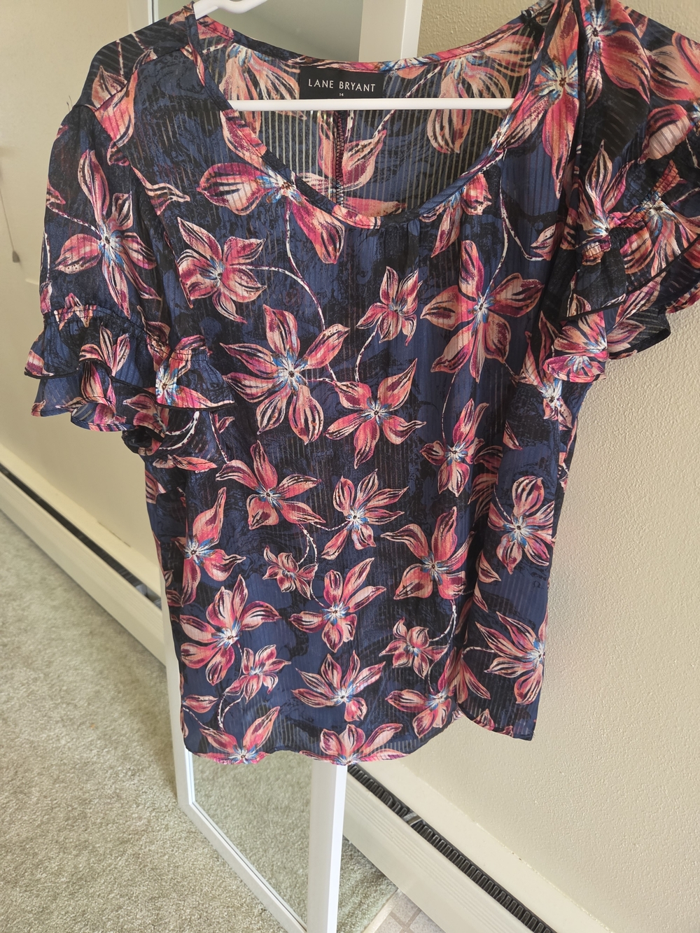 Lane Bryant Navy Floral Ruffle Sleeve Top